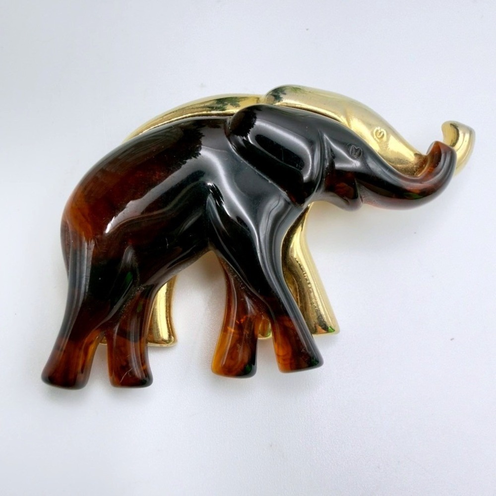 Vintage Liz Claiborne Elephant Brooch Faux Tortoiseshell Lucite Gold Tone Pin